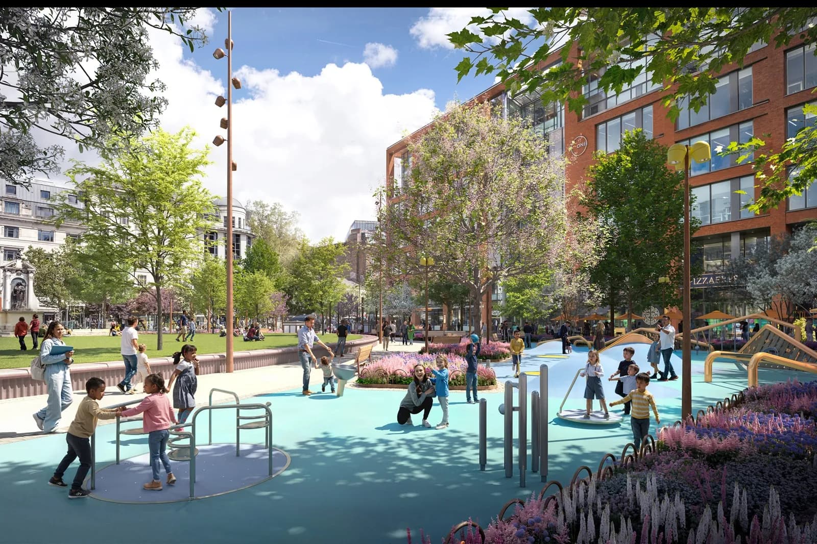 A vibrant public park and playground with children playing, adults strolling, and modern buildings in the background, all surrounded by lush trees and purple and white flowers.