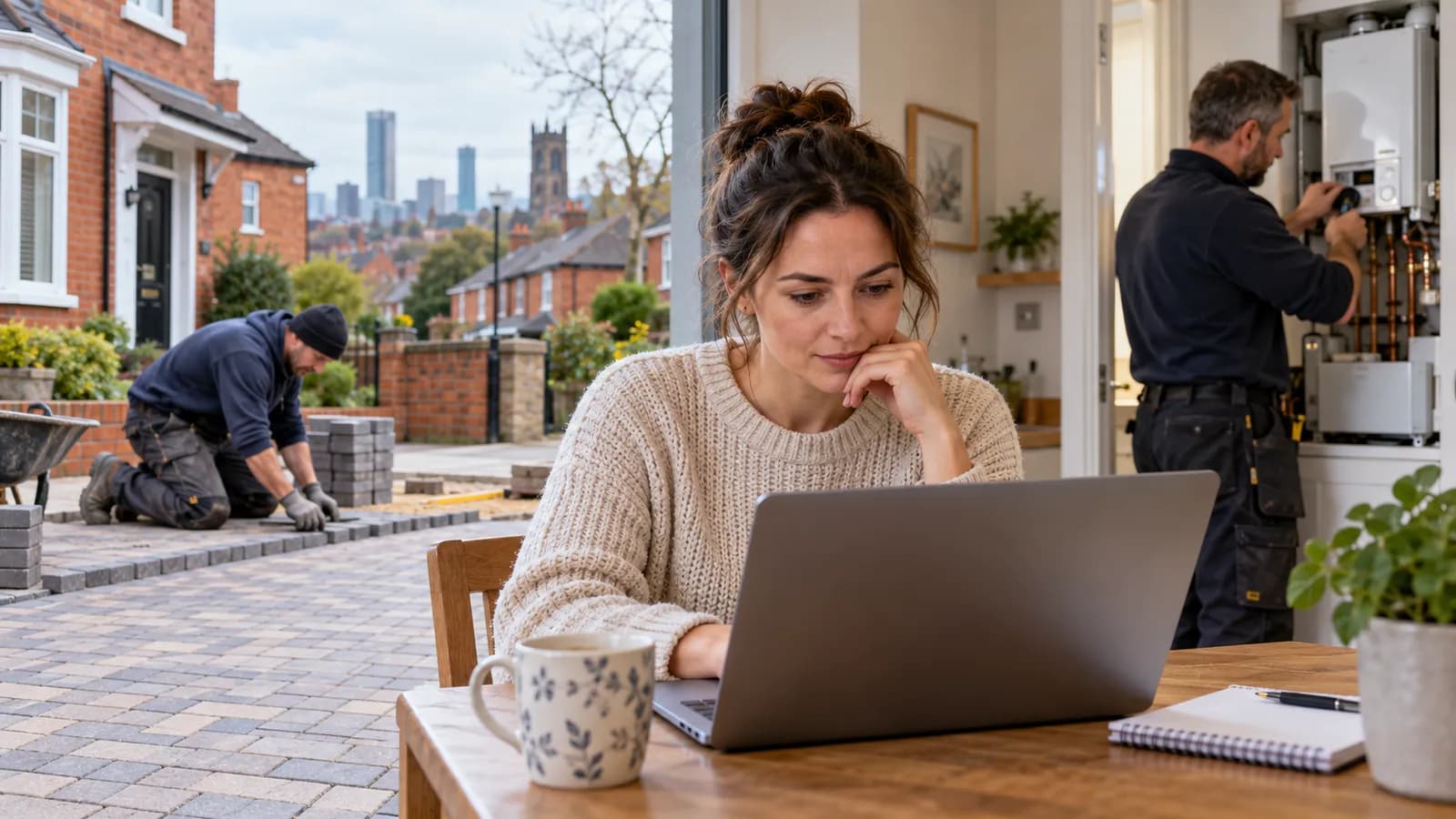 A woman works on a laptop at a table, while a paver installs bricks outside and a technician repairs a boiler in the background.