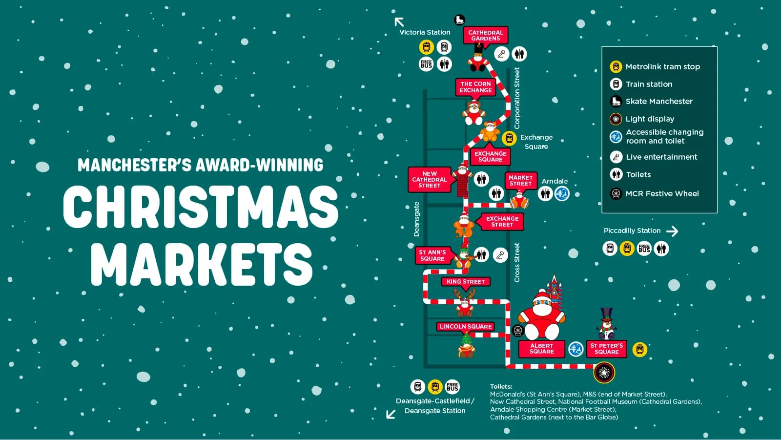 A map of Manchester's Christmas markets, depicted with a festive, snowing background, indicating various locations and amenities such as train stops, light displays, and toilets.