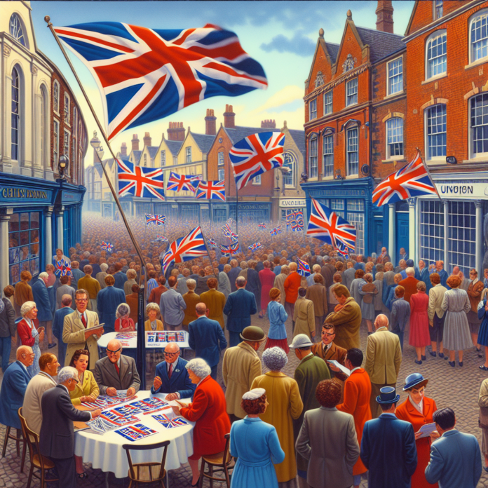 Vibrant street scene in the UK with diverse people engaging in daily activities, Union Jack flags prominently displayed, capturing the essence of British life